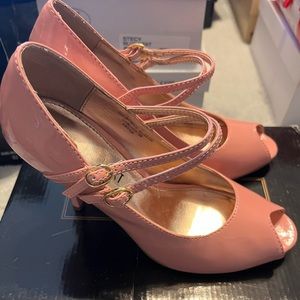 Pink patent leather double strap stiletto maryjane with peep toe